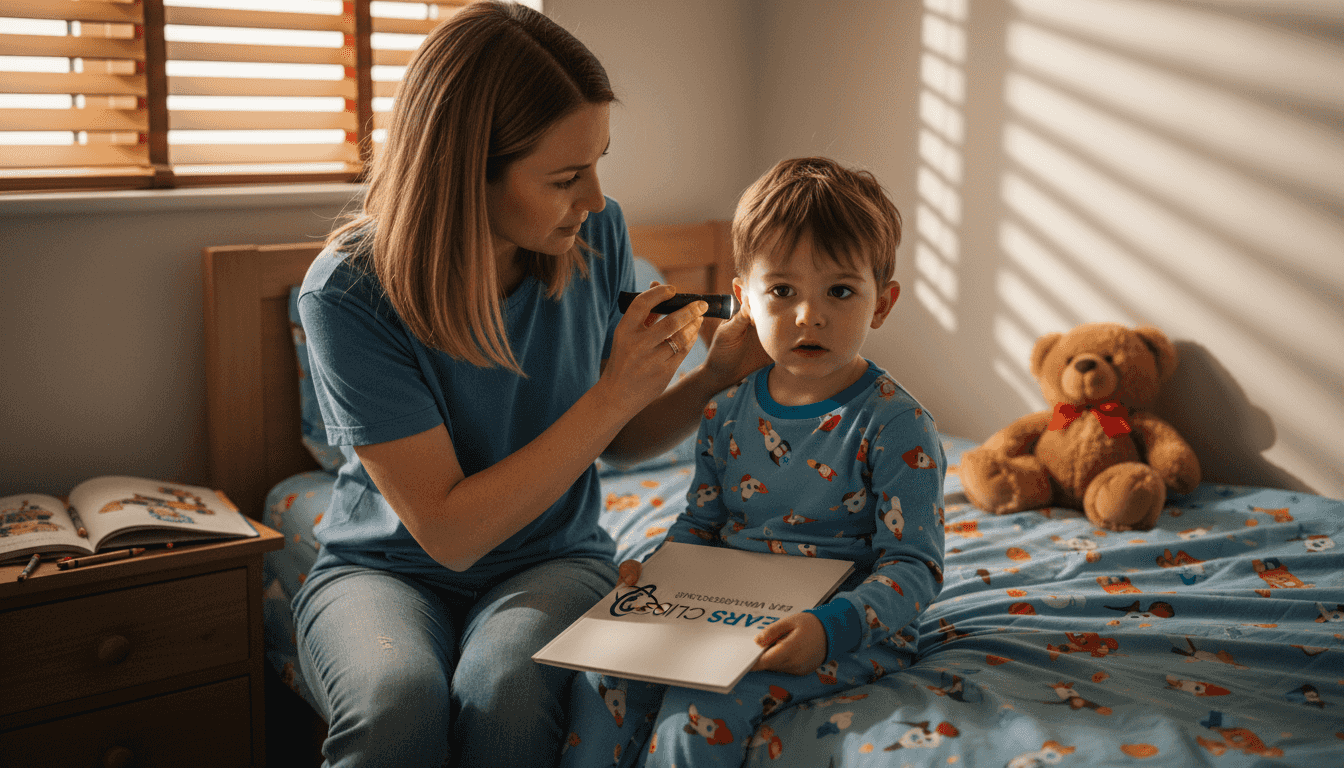Parent gently checks young child's ear at home
