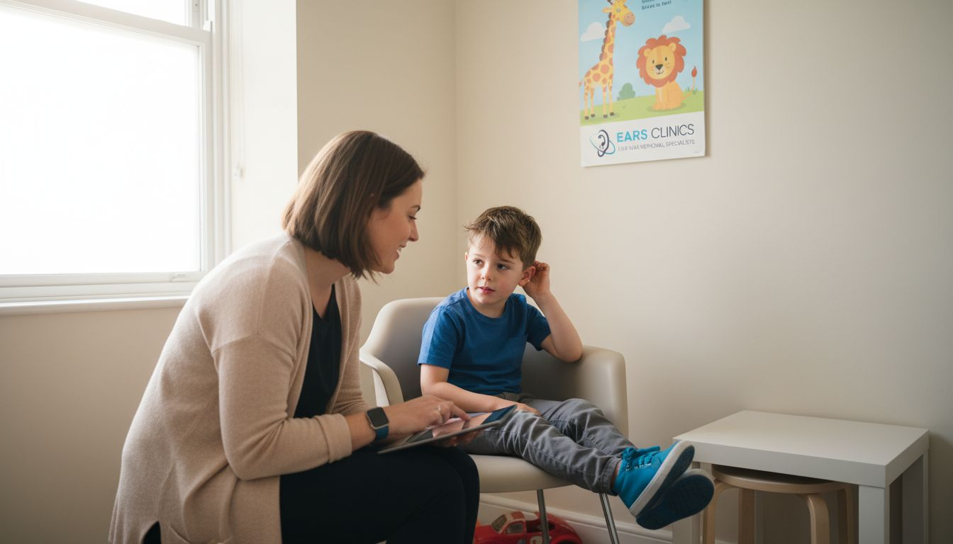 Clinician conducting ear exam with young child