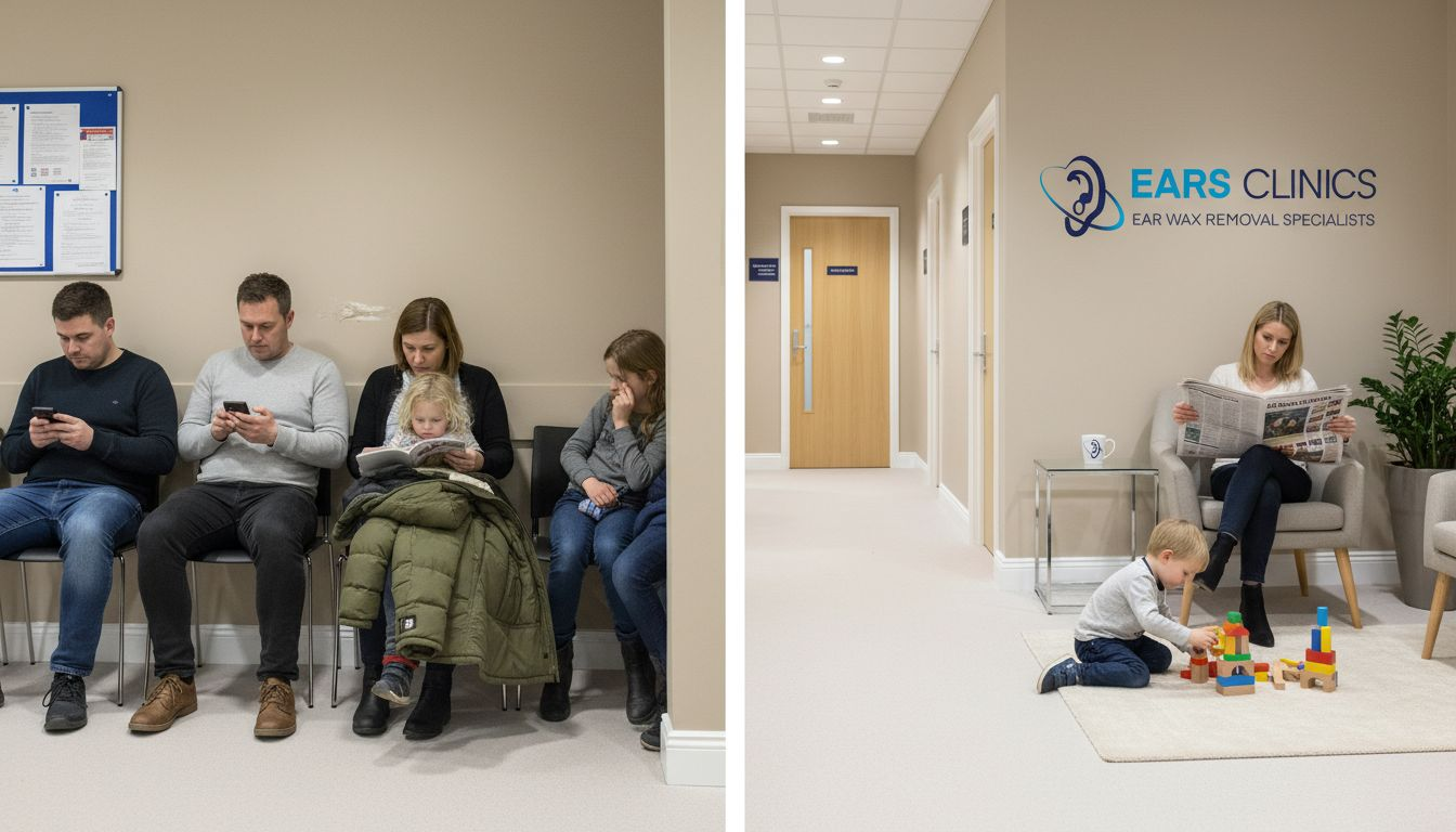 Crowded NHS and quiet private clinic waiting areas