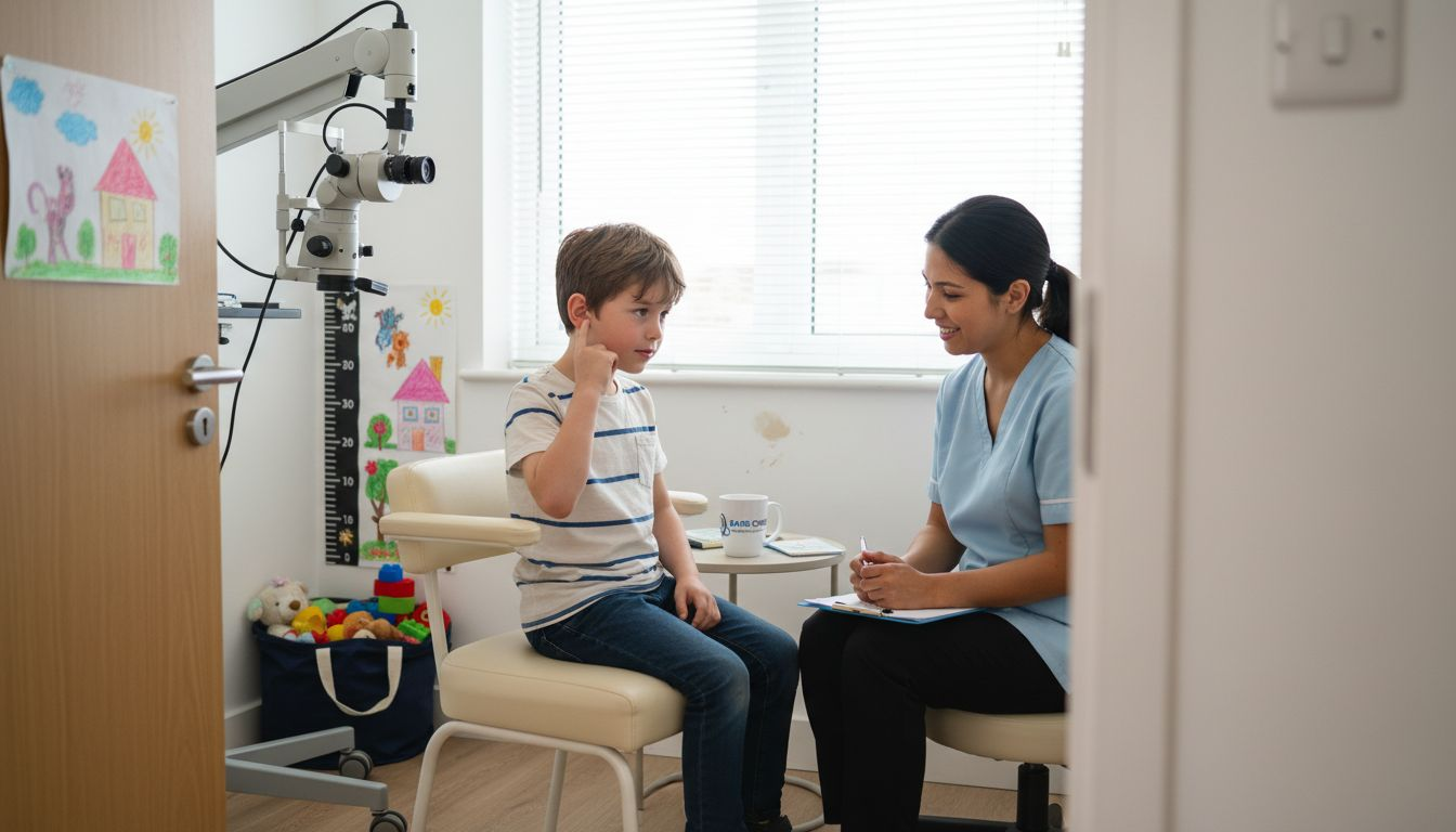 Child and clinician in ear care exam room