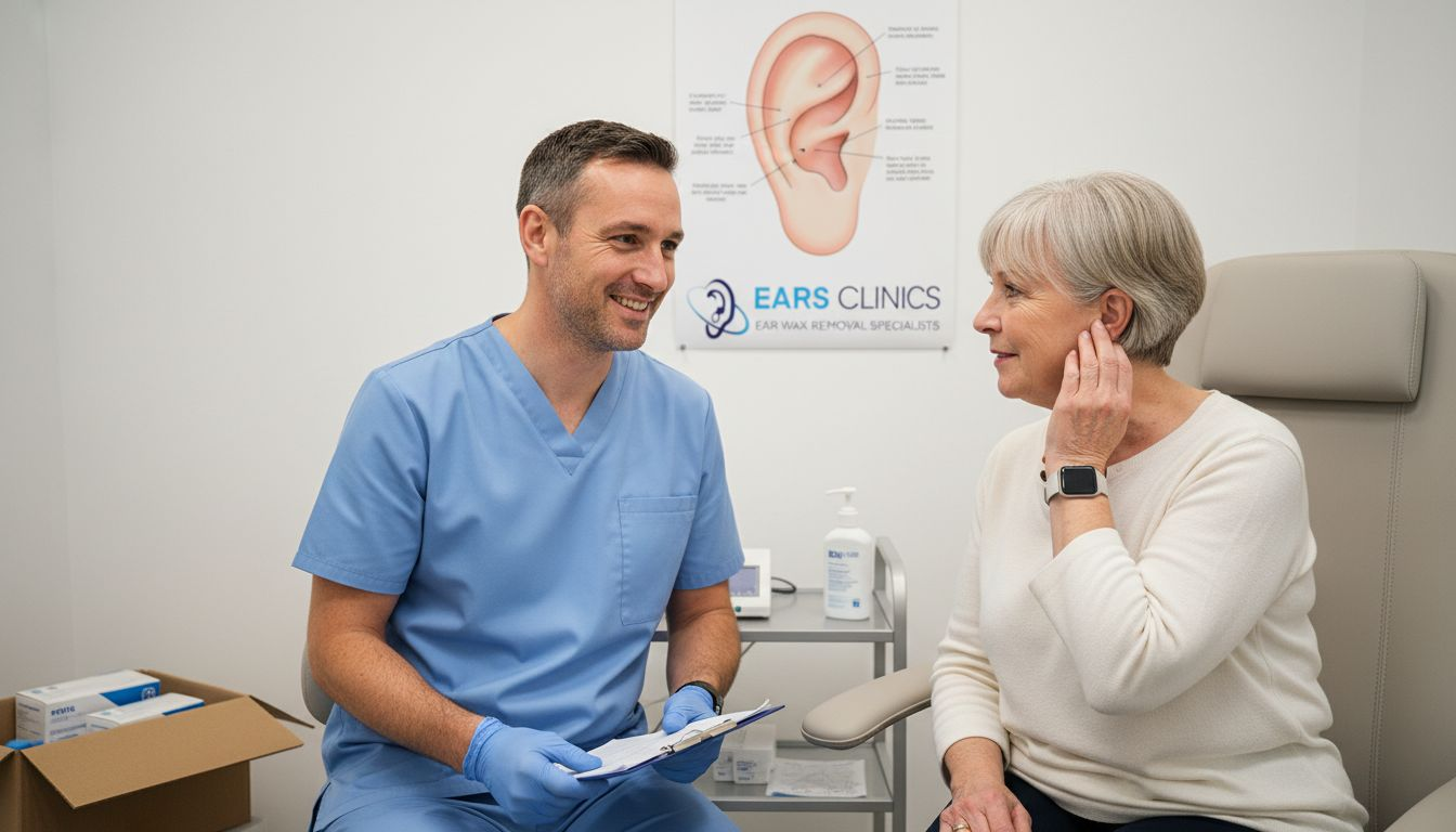 Audiologist demonstrates ear care procedure