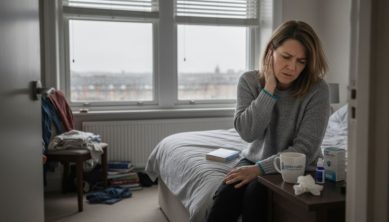Woman with ear pain in cluttered bedroom