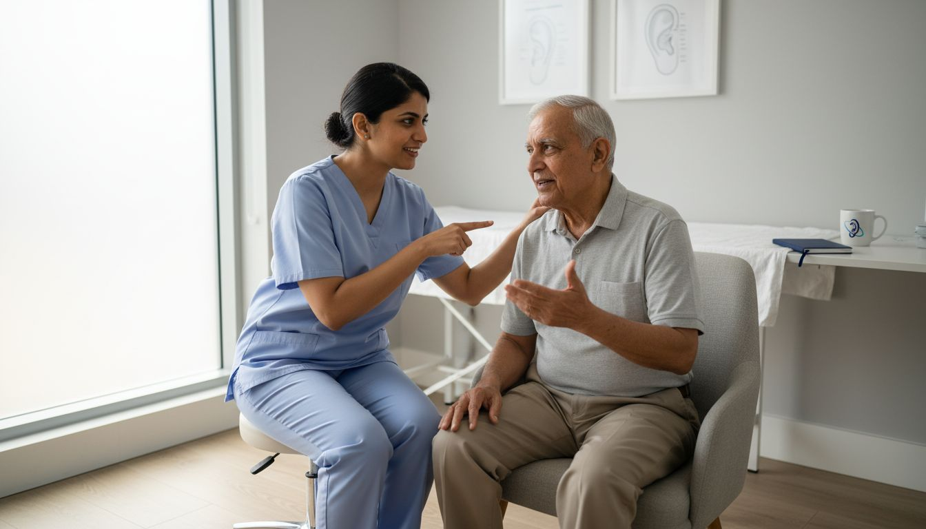 Ear clinic exam between specialist and patient