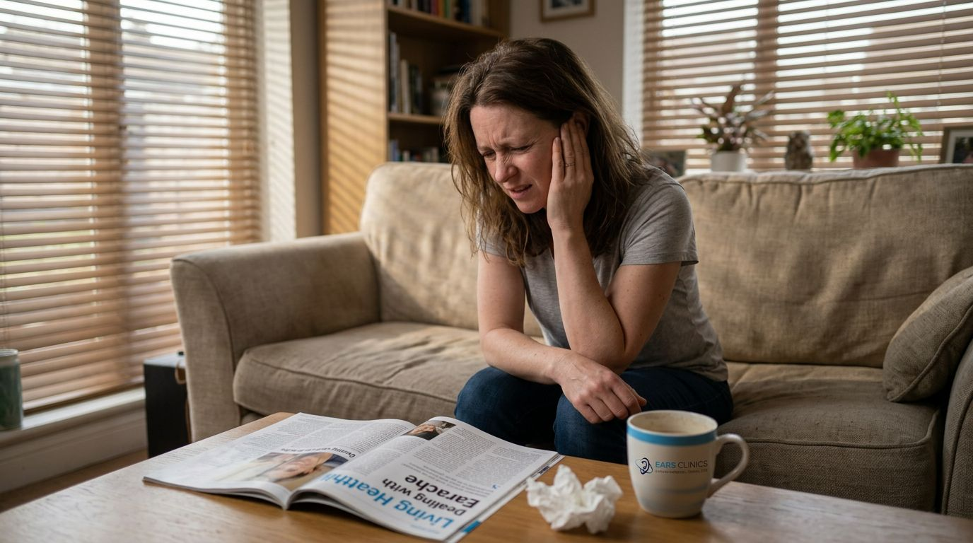 Woman shows ear pain on living room couch