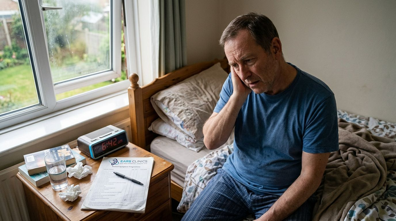 Man checks ear symptom list at bedside