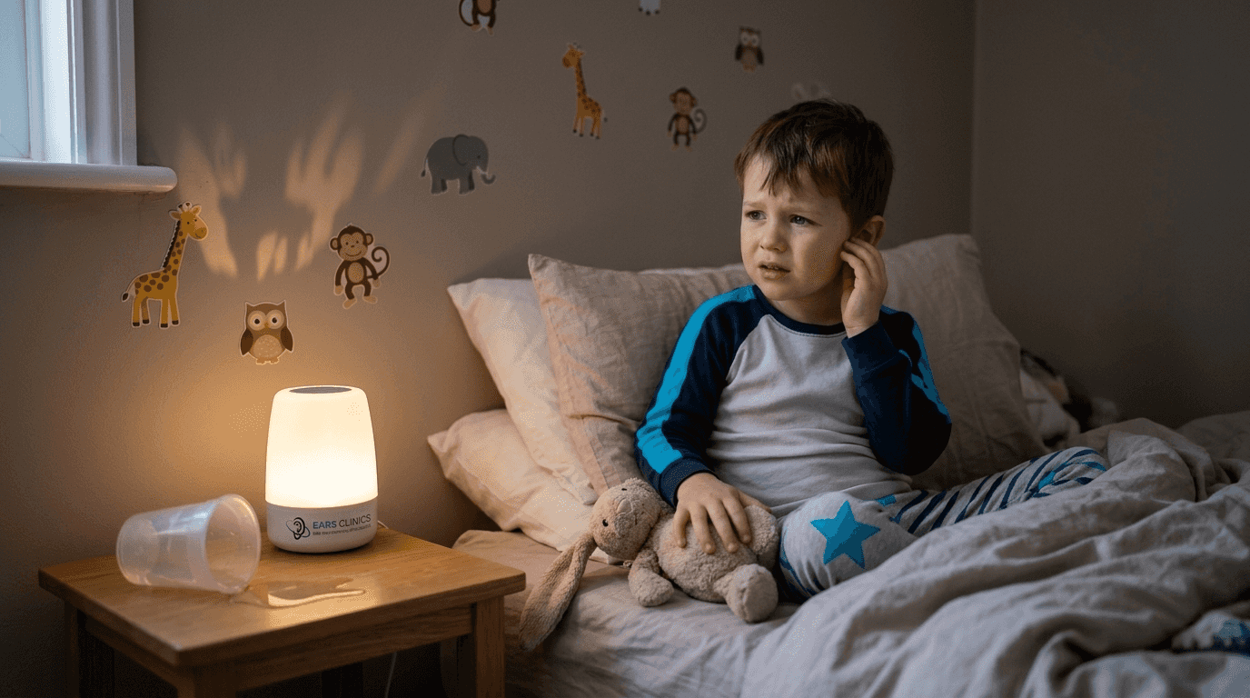 Young child touching ear in bed