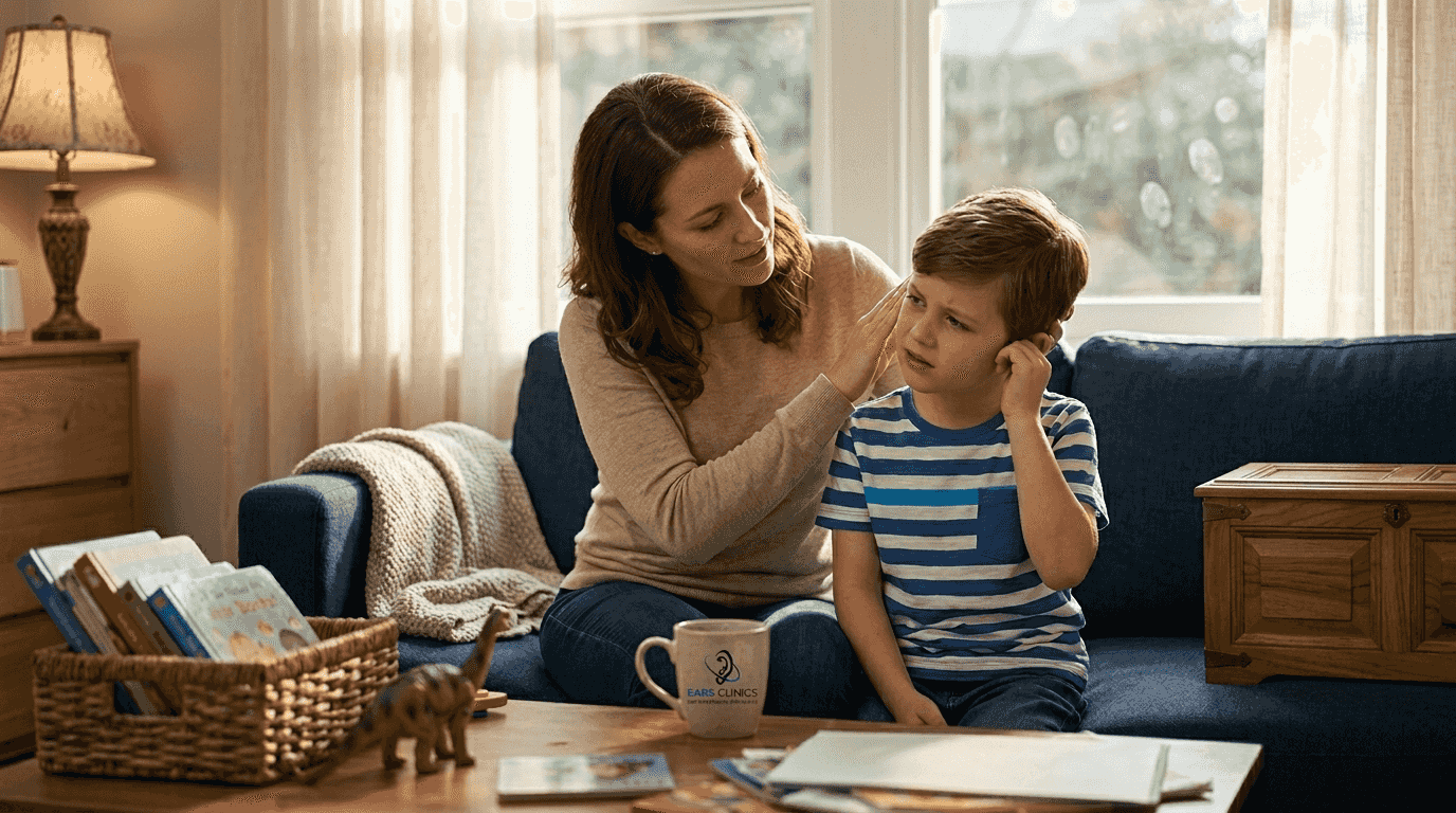 Mother checking child’s ear for symptoms