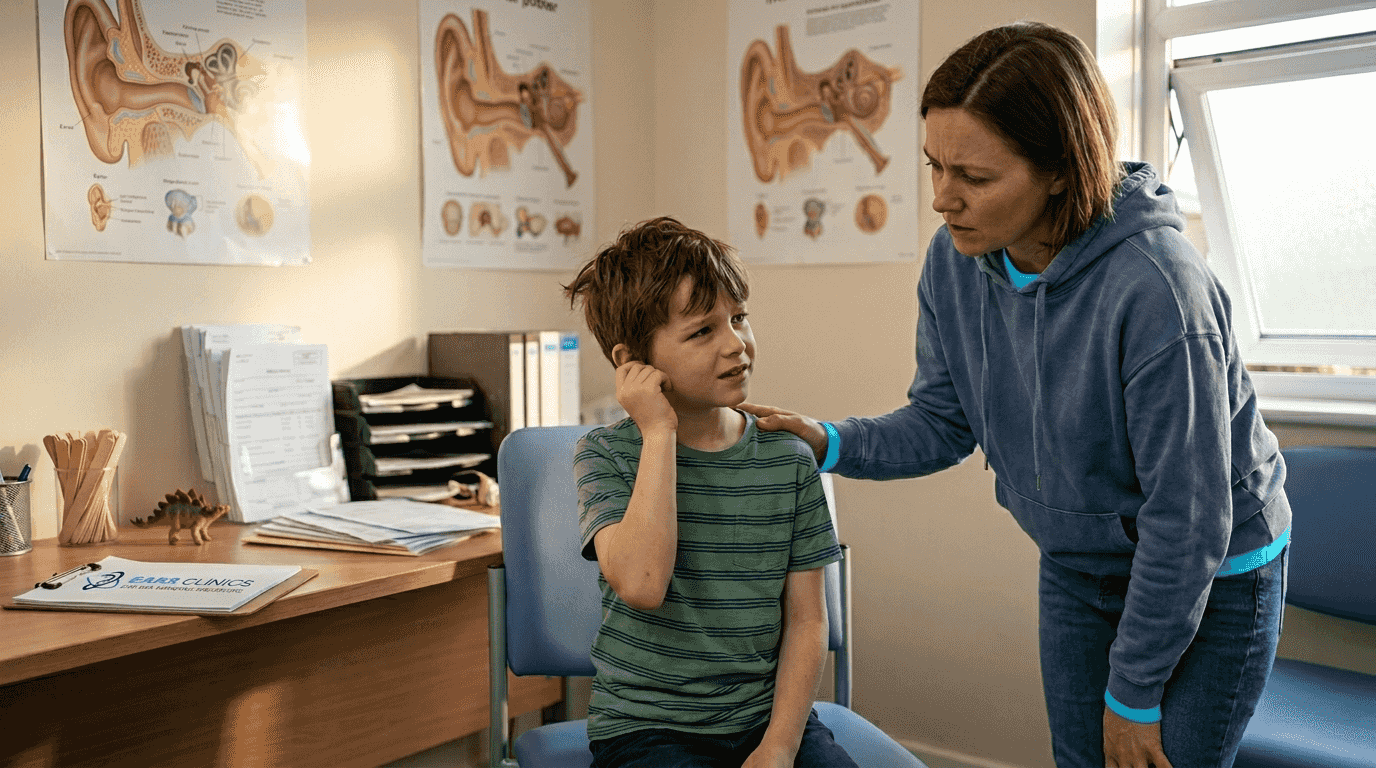 Child and parent at pediatric ear exam
