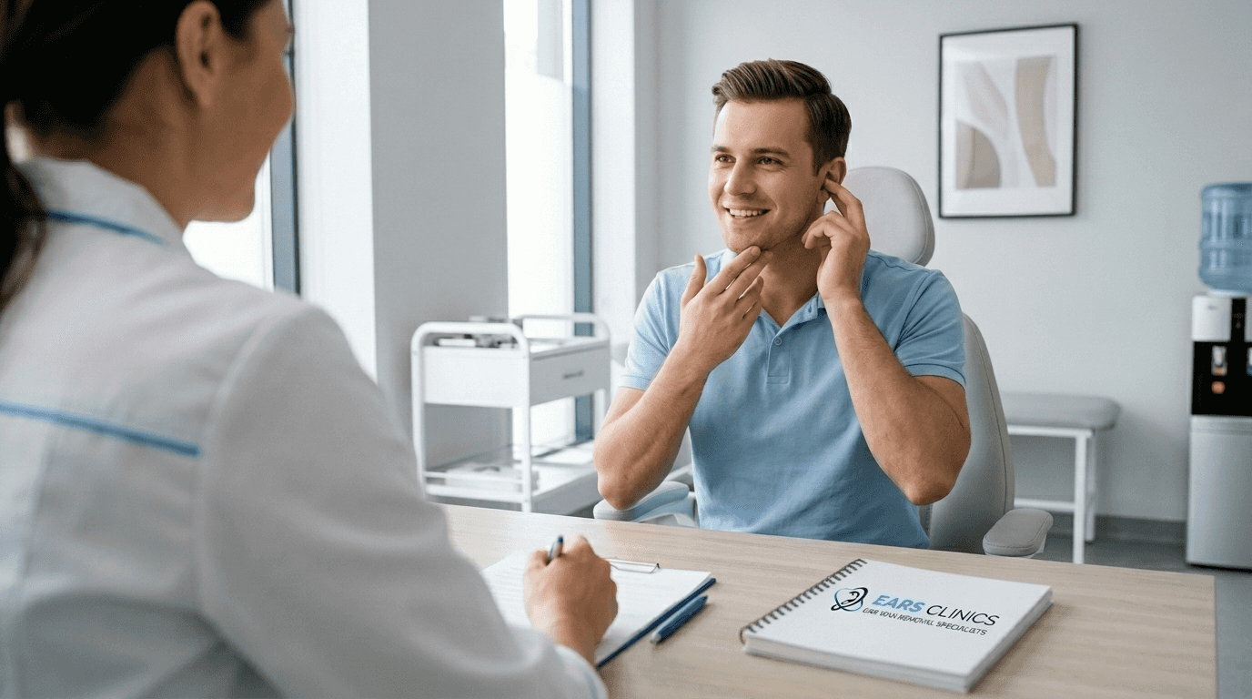 Clinician performs close ear wax examination