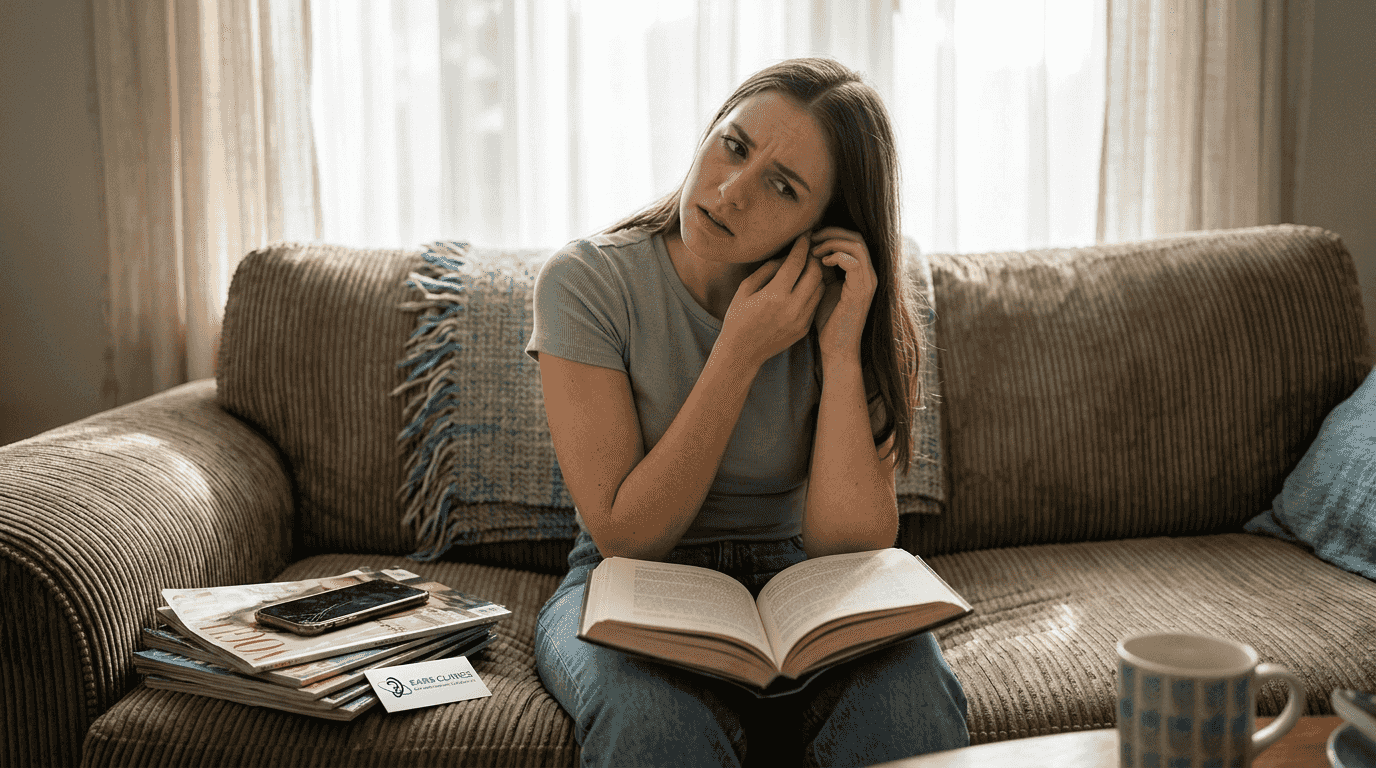 Woman experiencing ear discomfort at home