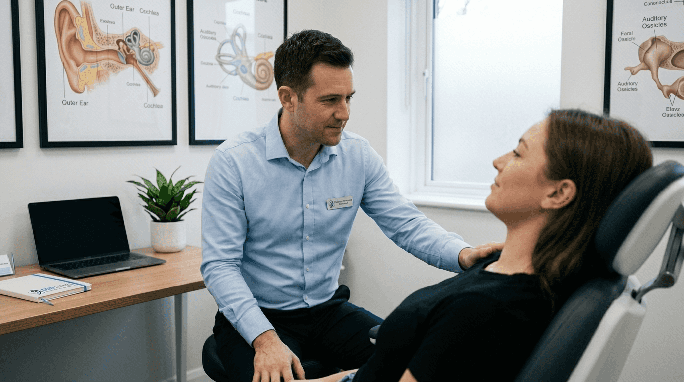 Audiologist examining patient's ear in clinic