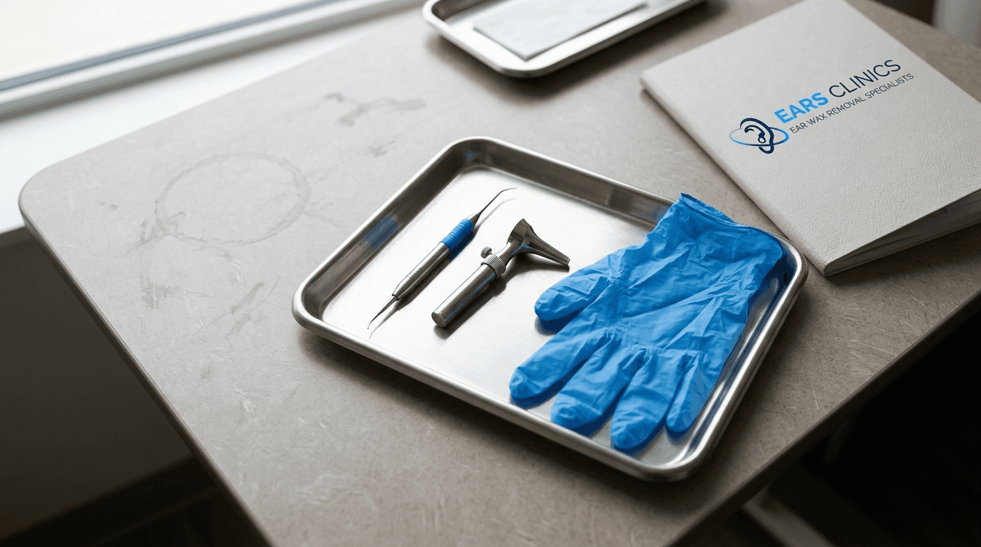 Closeup of ear wax removal tools on tray