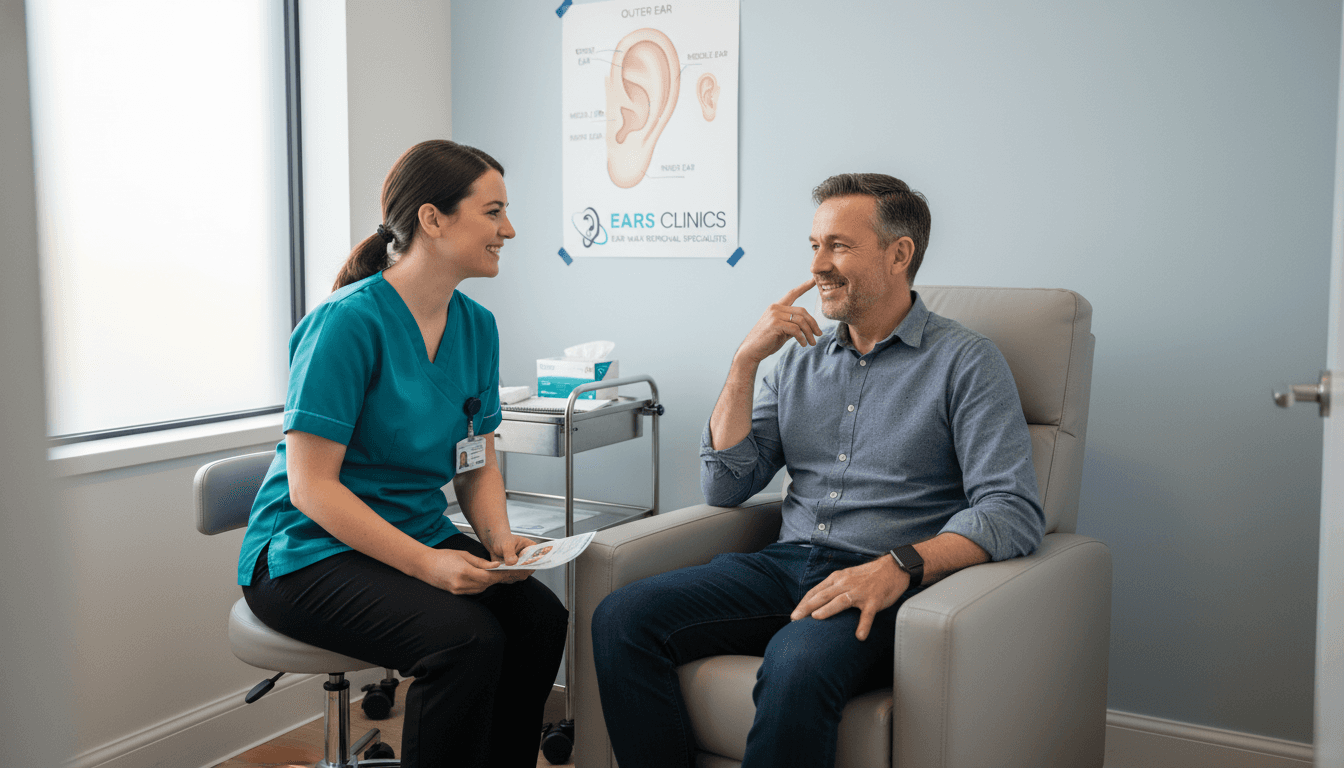 Audiologist performing ear microsuction in clinic