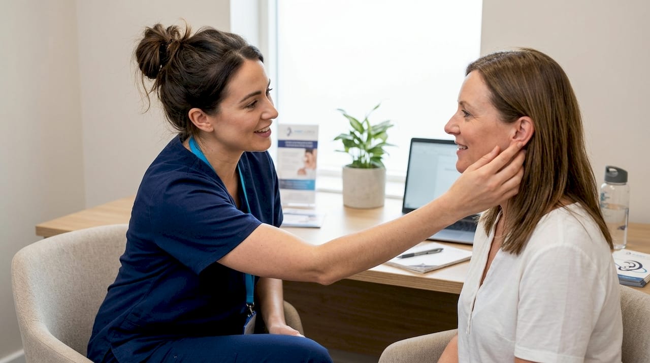 Clinician demonstrating microsuction ear wax removal