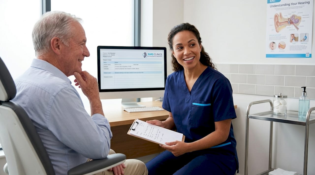 Clinician examines ear for impacted wax