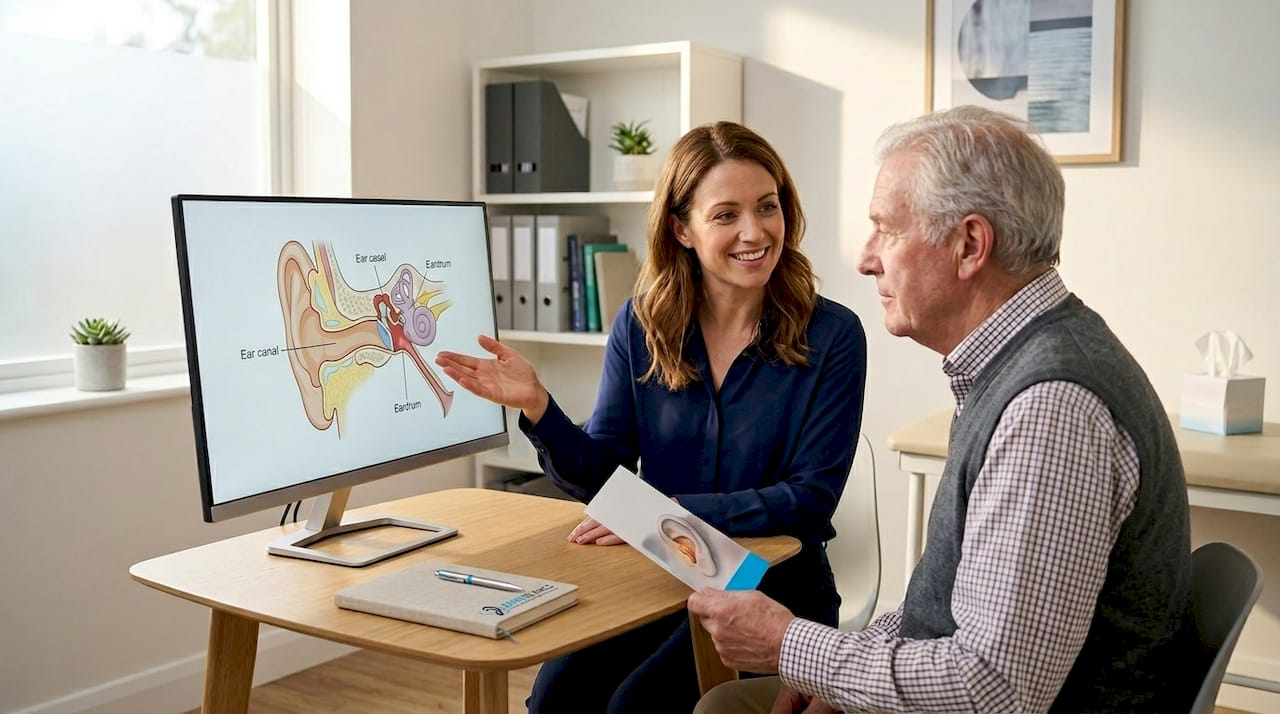 Audiologist consulting patient about ear care
