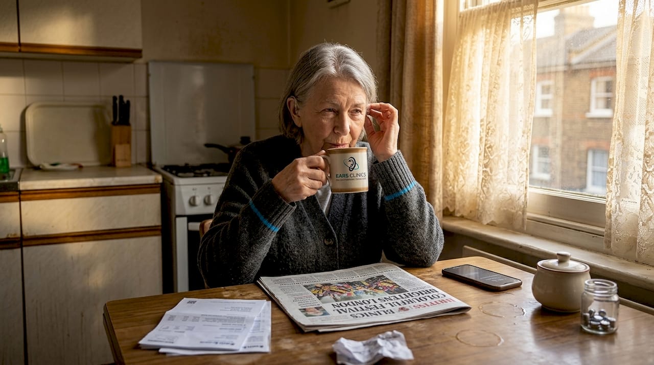 Older woman adjusts hearing aid at kitchen table