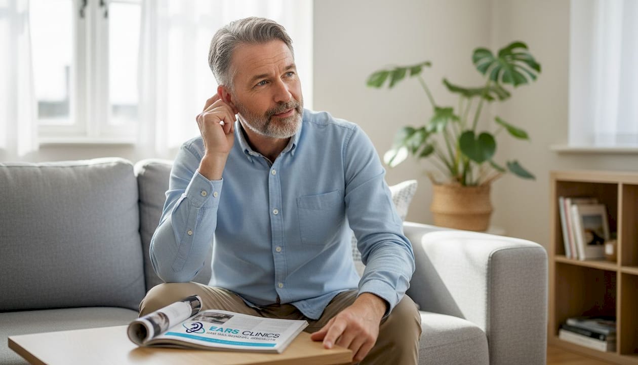 Man follows ear care leaflet in bathroom