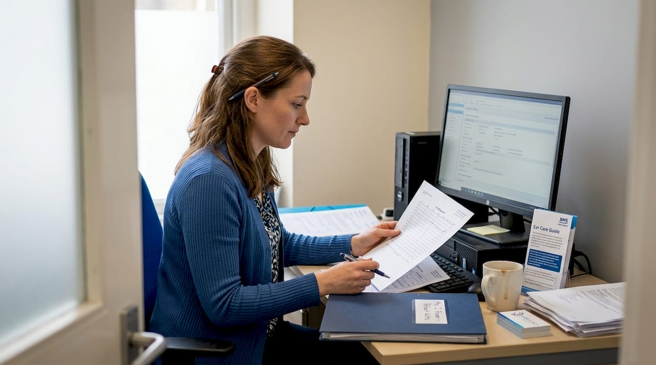 Audiologist reviewing patient notes in ear clinic