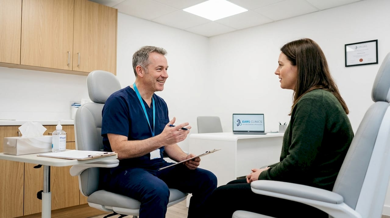 Clinician performing microsuction ear wax removal