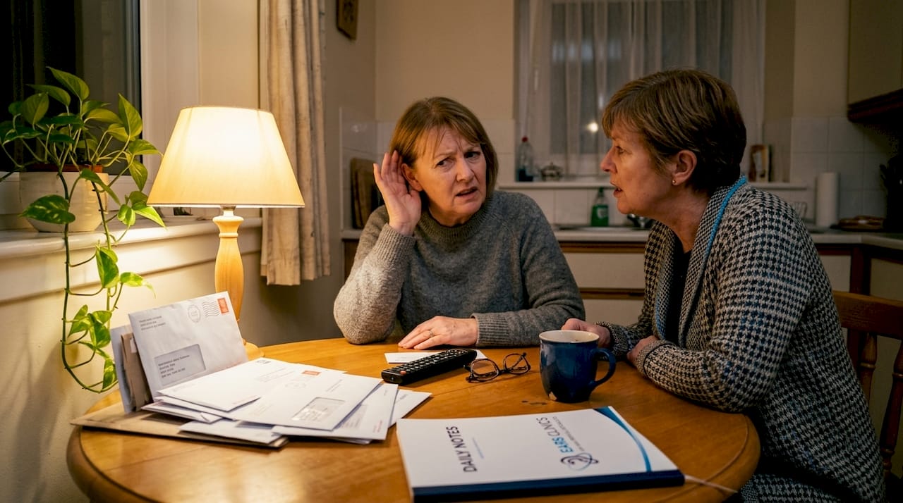 Older woman struggles hearing in home conversation