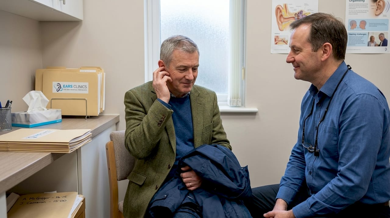 Audiologist conducting ear check in Glasgow exam room