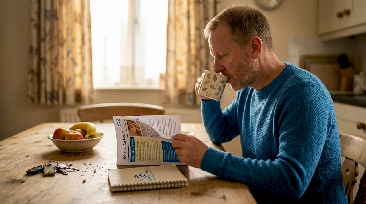 Man reading ear wax information leaflet in kitchen