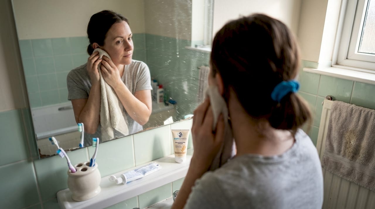 Woman cleaning outer ear in home bathroom