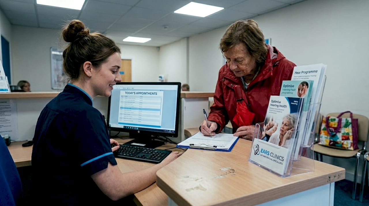 Receptionist checking in patient at ear clinic