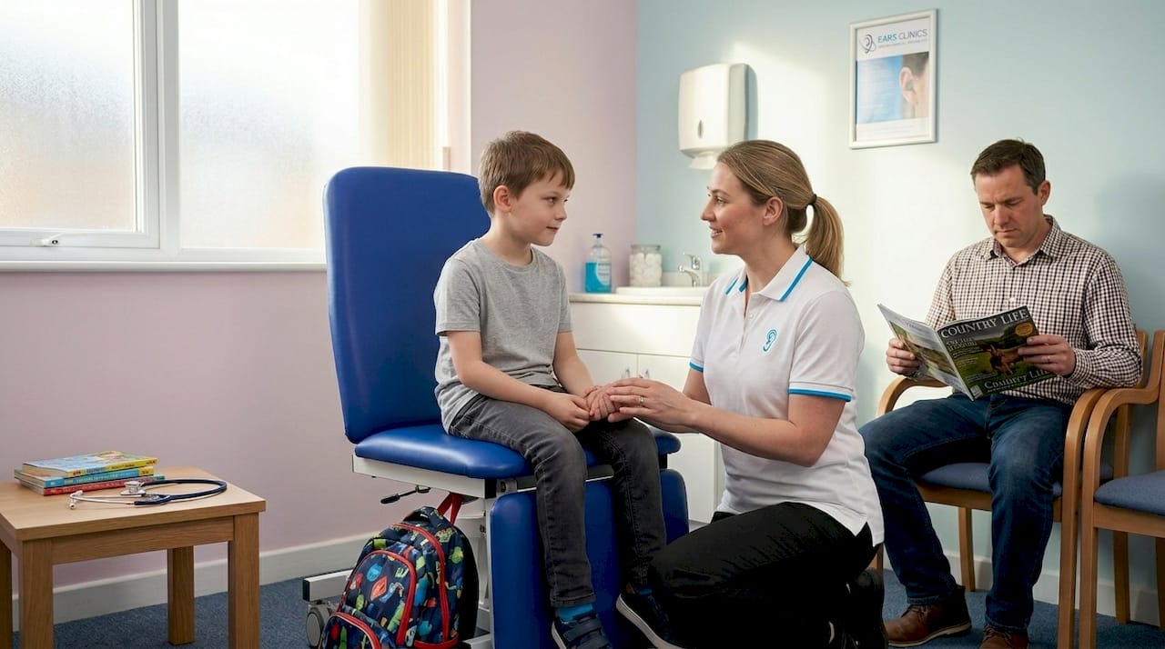 Clinician explaining ear exam to child patient