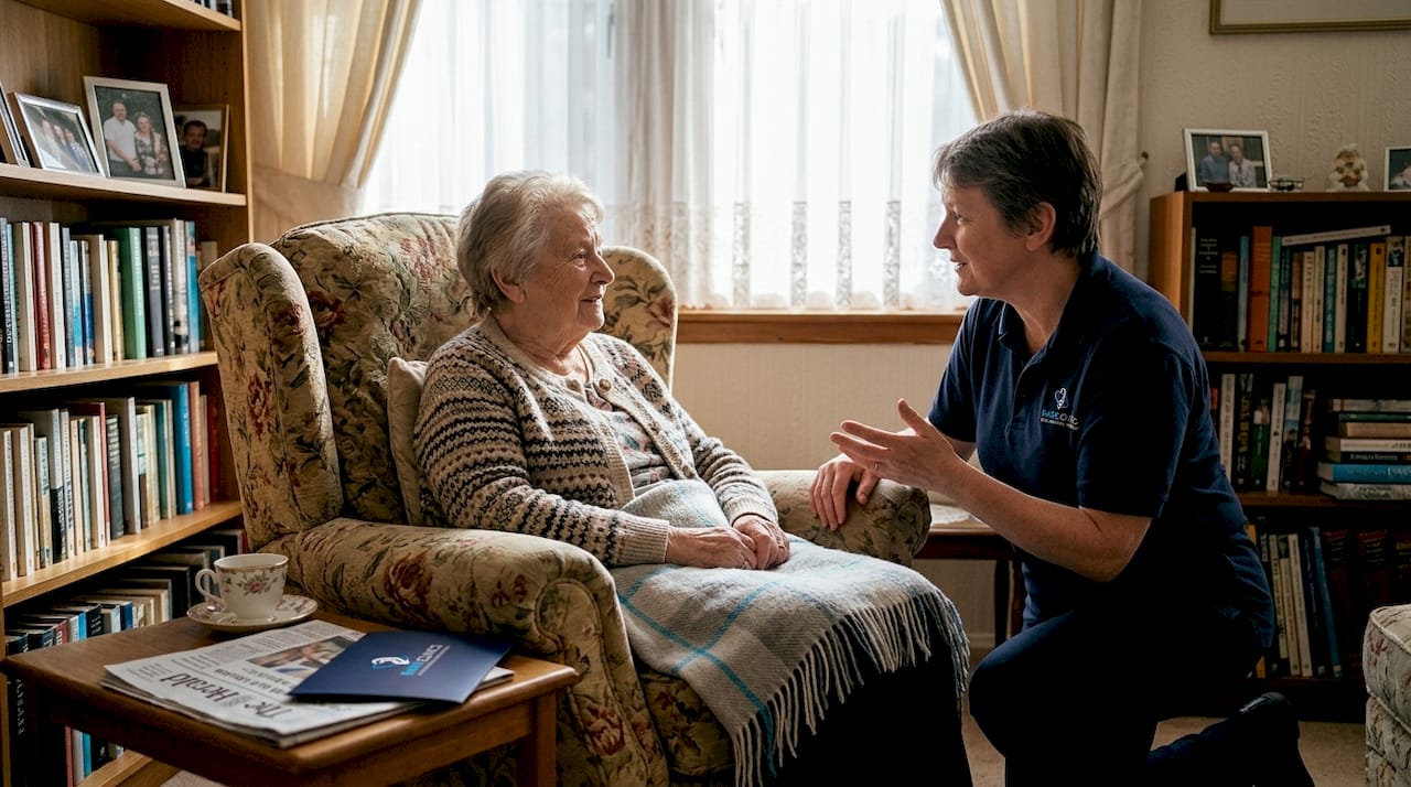 Aural care specialist visiting elderly woman’s home