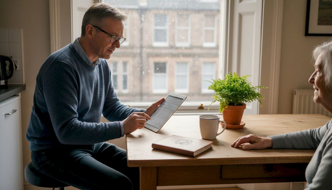 Clinician prepares microsuction ear care in kitchen