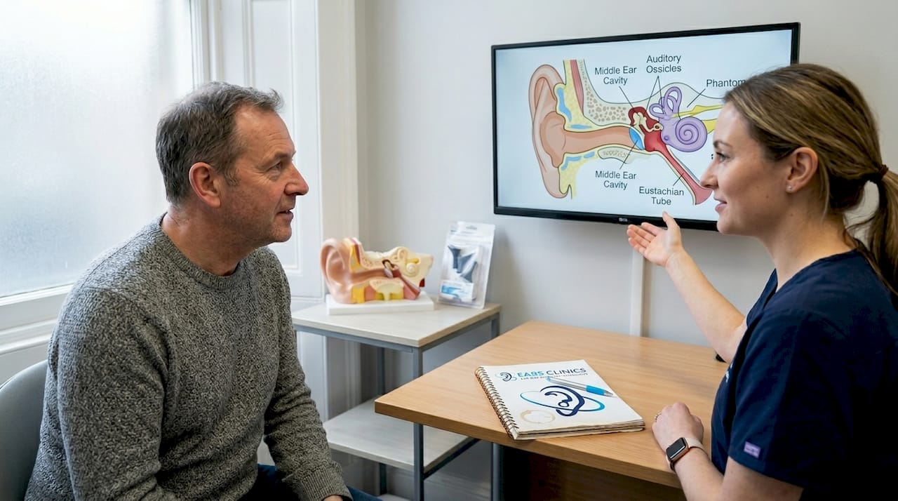 Audiologist consulting patient in clinic room