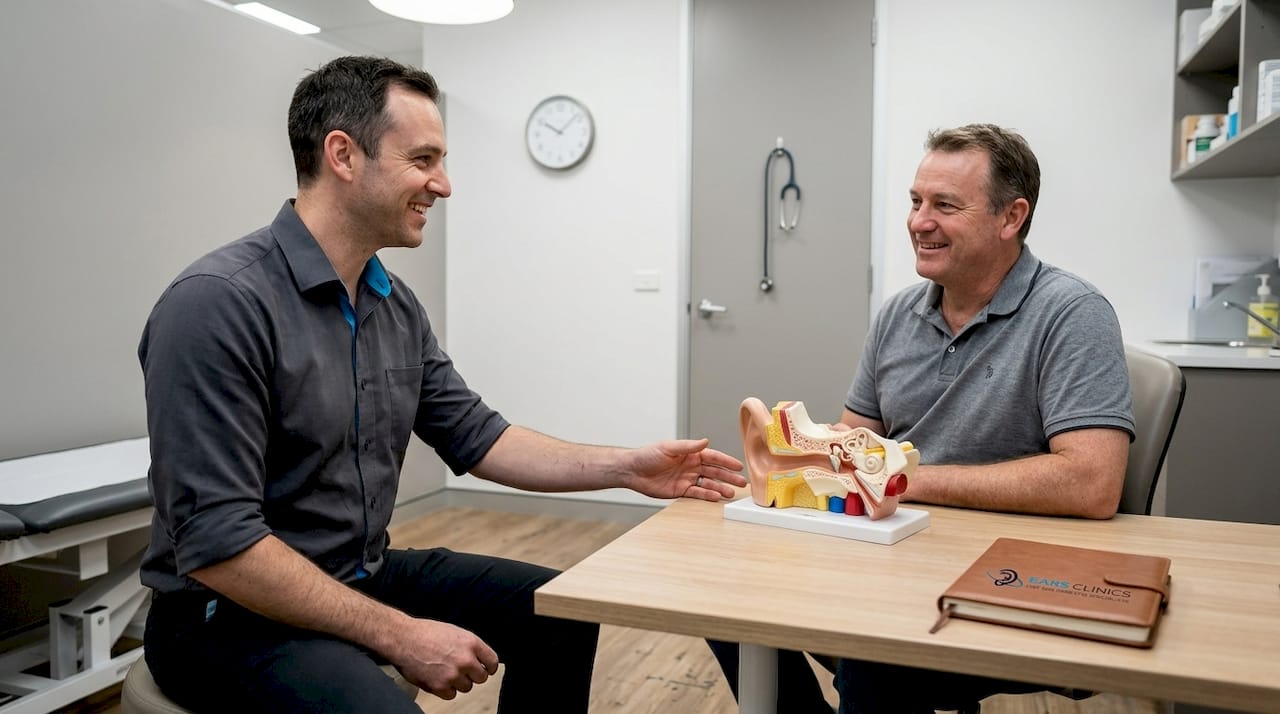 Clinician performing ear exam using otoscope