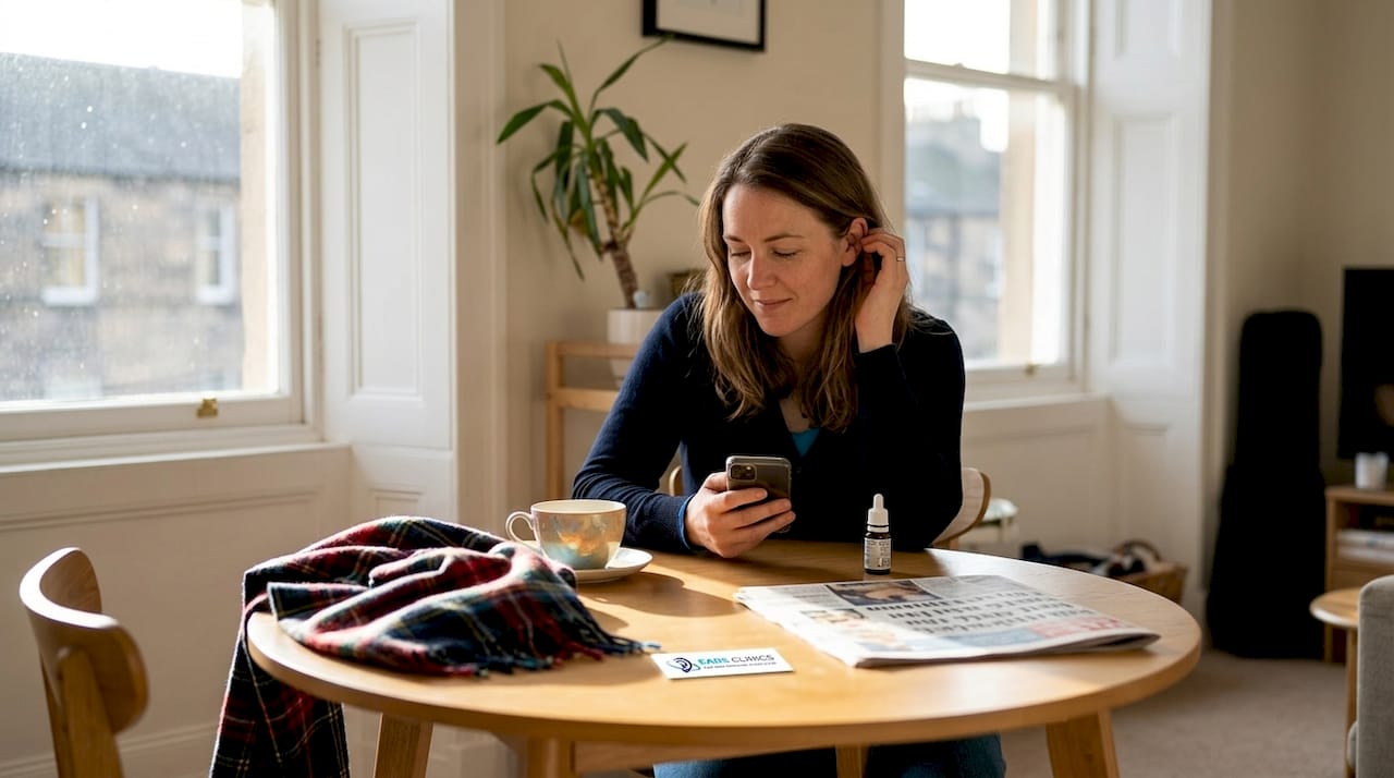Woman using ear drops at Scottish home