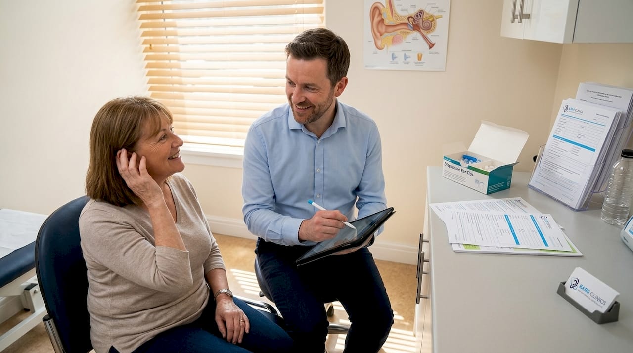 Audiologist documenting ear exam workflow in clinic