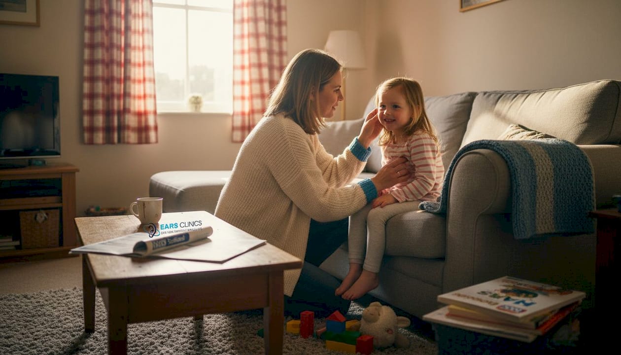 Mother gently checks daughter’s ears at home