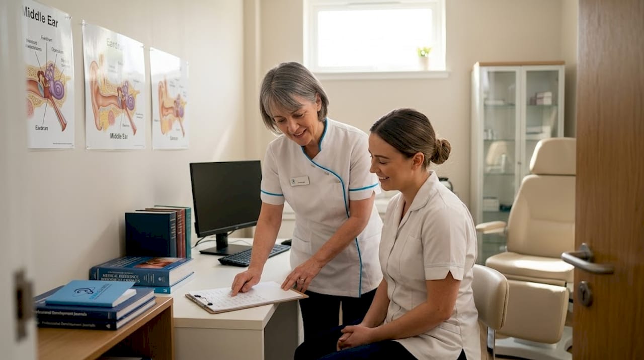 Audiologist in Scottish NHS ear clinic workspace