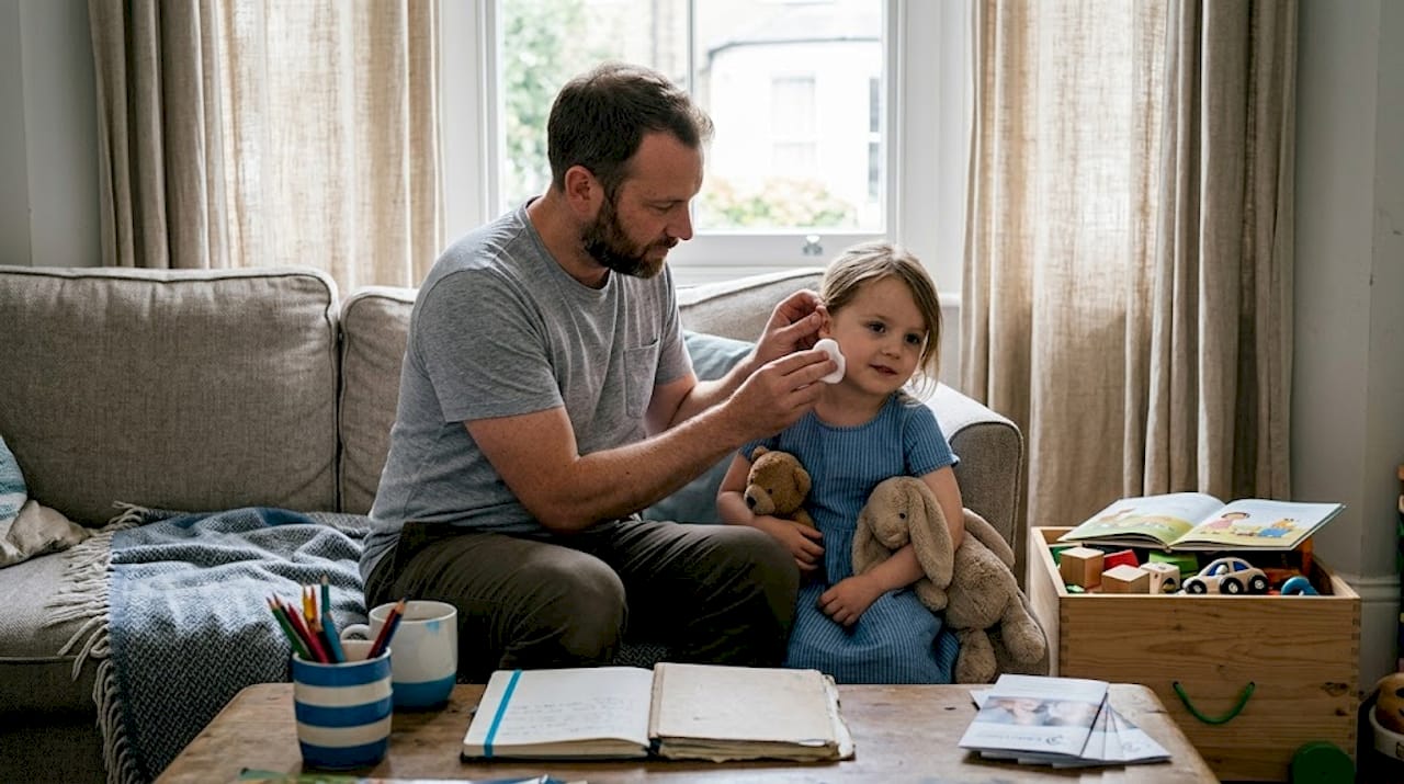 Father checking daughter's ear for issues
