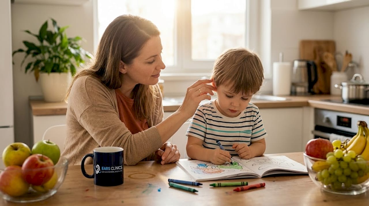 Parent gently checking child's ear health