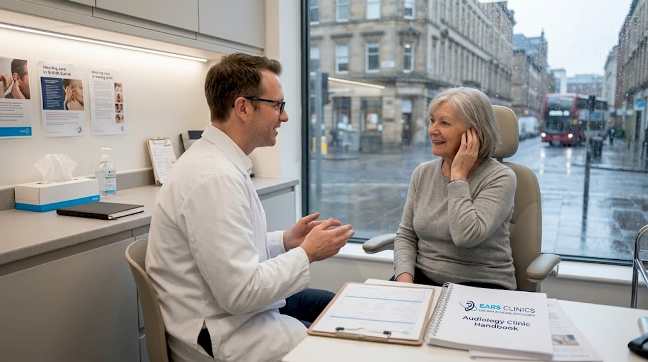 Audiologist examining patient’s ear in clinic