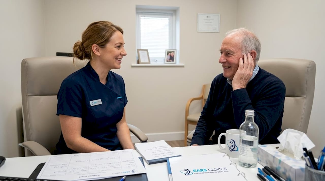 Audiologist examining patient’s ear in clinic