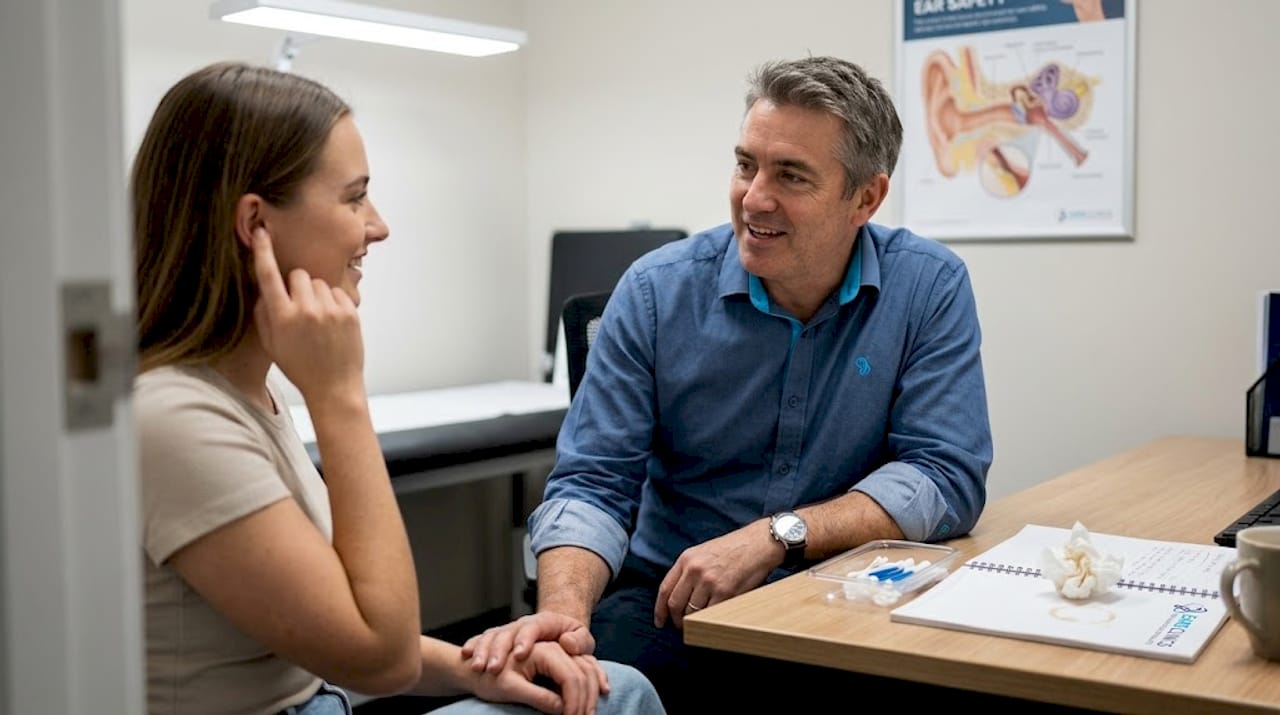 Audiologist demonstrates microsuction ear wax removal
