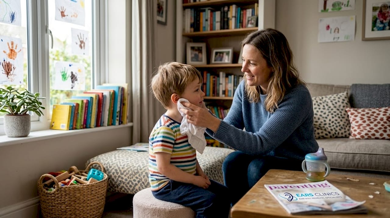 Mother gently wipes child’s ear at home