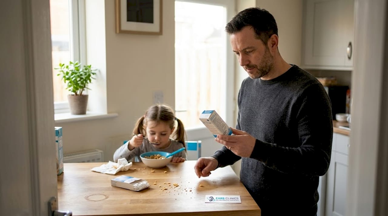 Parent reading ear drop instructions in kitchen