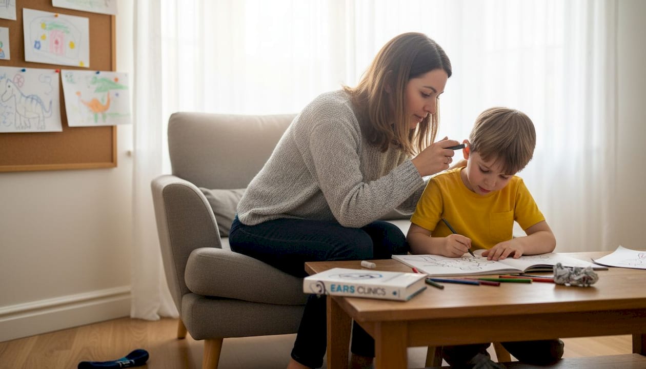 Parent gently checks young child's ear