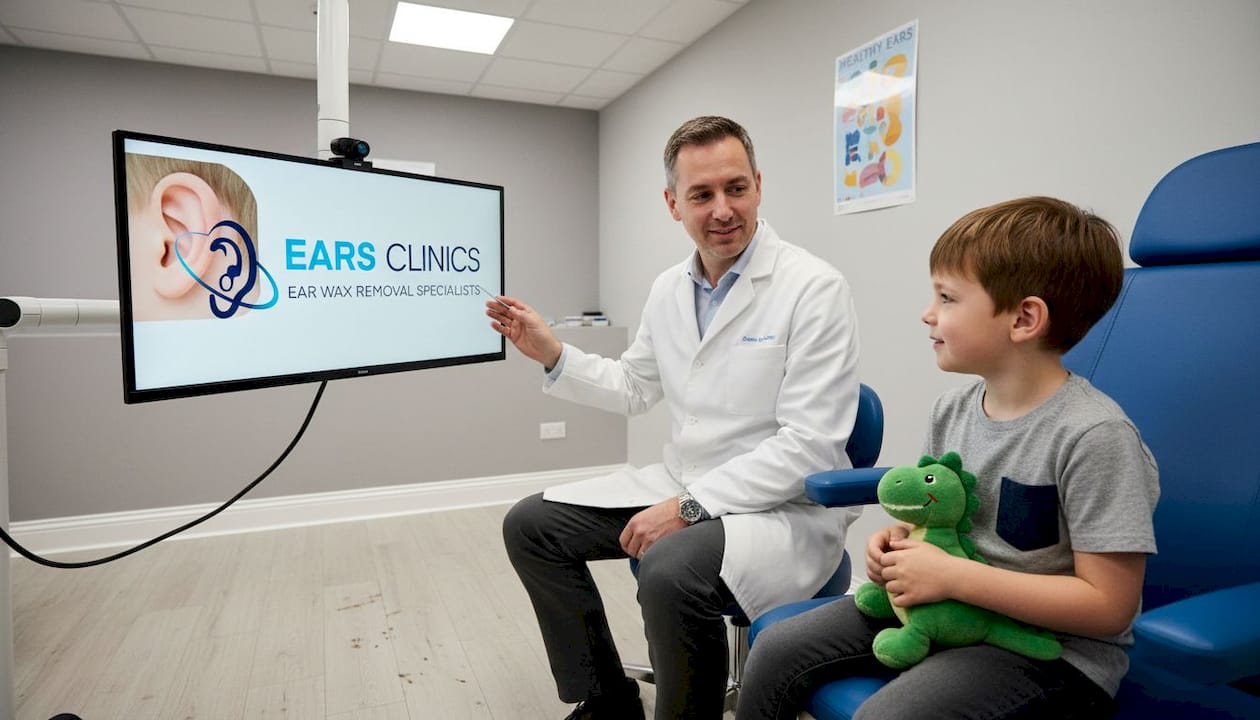 Audiologist explains ear exam to young boy