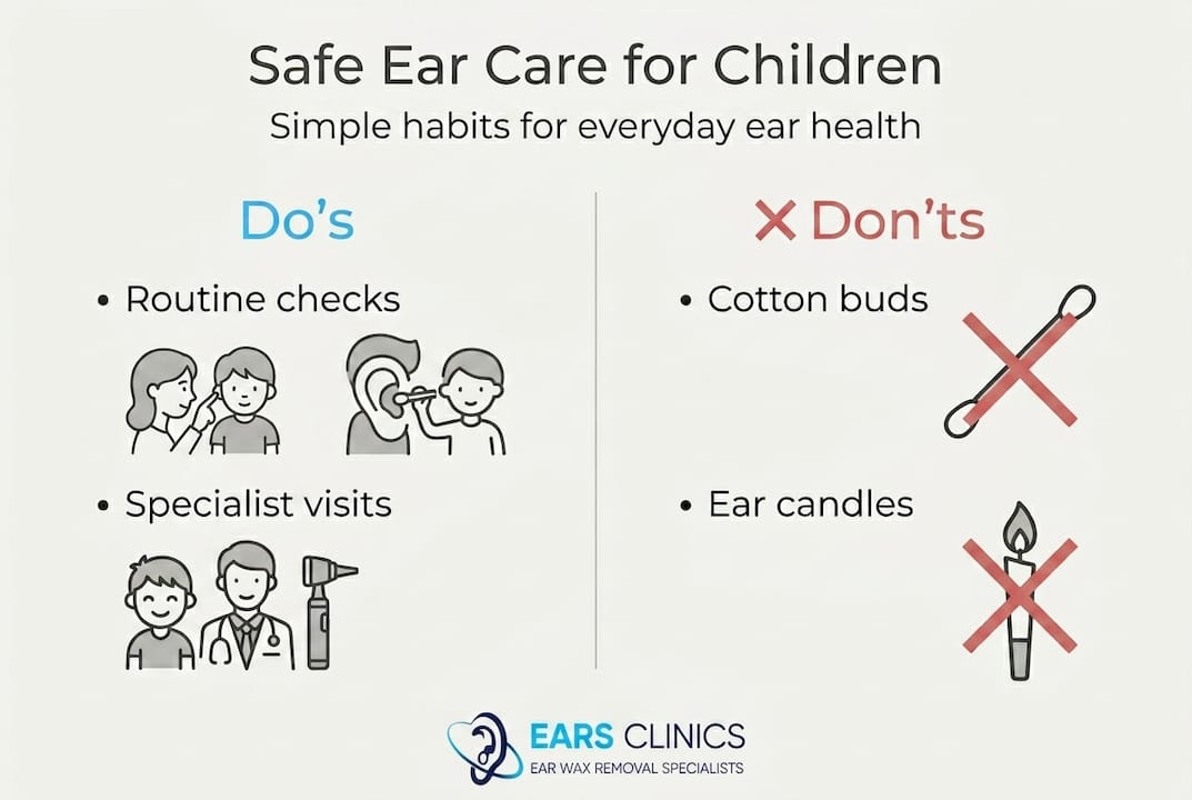Infographic showing safe ear care practices for children