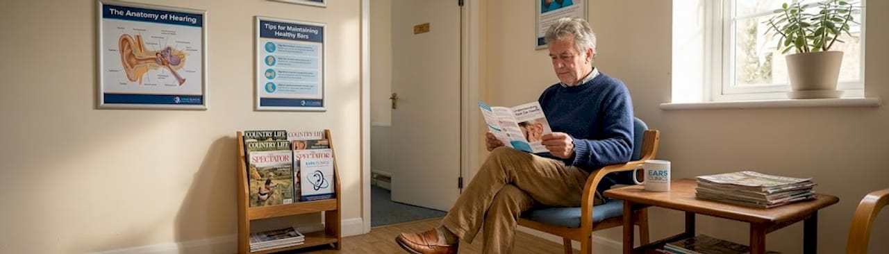 Older man reading in ear clinic waiting area