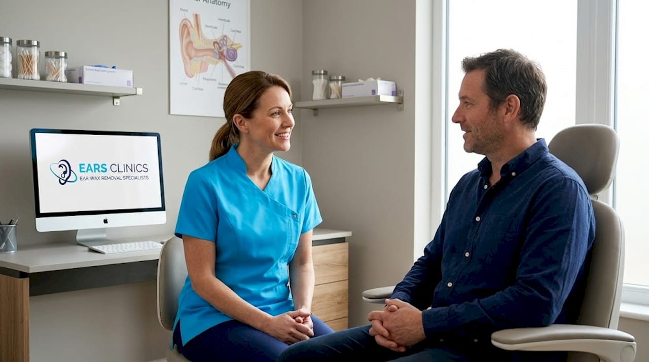 Clinician examines adult patient’s ear